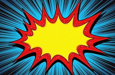 Poster - Retro comic book explosion visual background illustration in pop art style. Yellow burst frame, red border, blue halftone rays. Abstract boom bubble banner graphic design element.
