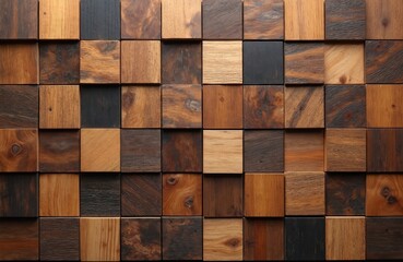 Poster - Various brown woods background. Wooden blocks of different shapes create organic rustic surface. Handcraft vintage pattern construction made of timber. Building material mosaic with abstract retro