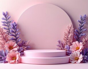 Aufkleber - Pink and purple 3d podium scene decorated with flowers. Pastel soft round blank platform render for cosmetic product presentation, advertising background, commercial decor, graphic display.