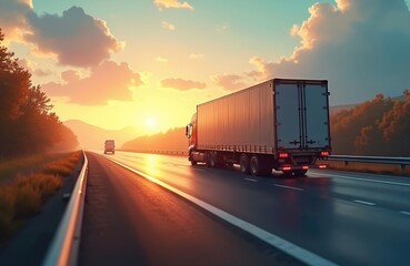 Aufkleber - Semi truck carries supplies at sunset on highway. Logistics solution. Freight transport semi-trailer vehicle delivers cargo on road. Transportation industry, commercial trucking, supply chain, modern