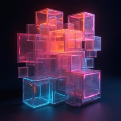 Poster - Generative AI abstract illustration of geometric shapes. Colorful neon lights in cyberspace against dark background. Glowing translucent glass cubes construction. Concept of future technologies data