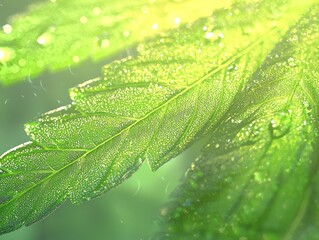 Wall Mural - Bright Green Close Up of Dewy Leaves Glimmering in Natural Light