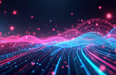Aufkleber - Abstract futuristic background with pink, blue glowing neon wave lines, bokeh lights. Data transfer concept, AI generative wallpaper. Dynamic flow, streaming electronic energy, innovative tech