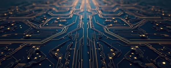 Poster - technical seamless illustration. blue motherboard texture with golden circuit lines. futuristic tech