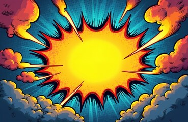 Aufkleber - Colorful comic cartoon background with halftone frame, contrasted burst and lightning. Clouds border space, rays pop. Visual illustration in retro style for banner, poster.