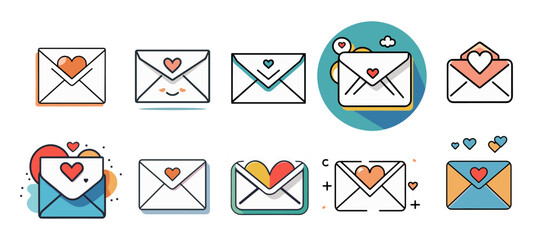 Poster - Icons sets collection of colorful envelope icons with heart motifs, each uniquely designed, symbolizing love and affection against a light background