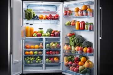 Wall Mural - Fridge full of fresh fruits and vegetables in a white kitchen interior