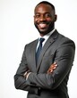 © Vadym - Portrait of cheerful successful 30s african american businessman in suit with arms crossed against white background. Confident smiling black man demonstrate leadership, management and elegance.