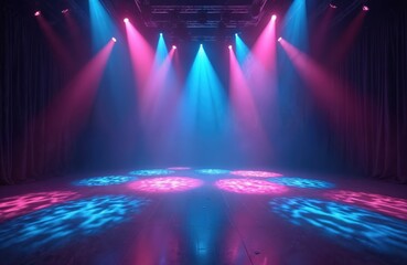 Aufkleber - Empty stage with dramatic light effects. Spotlights illuminate stage, creating pattern on floor. Blue, pink color washes create dynamic atmosphere perfect for modern dance, concert event. Night club