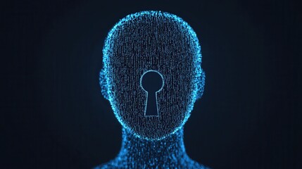 Poster - Law restriction compliance standards concept. A digital representation of a human head with a keyhole in the center, symbolizing security, identity, and the intersection of technology and humanity.