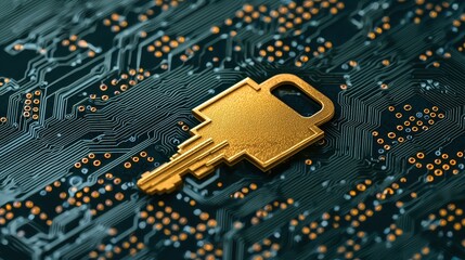 Poster - Law restriction compliance standards concept. A golden key sits on a dark circuit board, symbolizing digital security and encryption in technology.