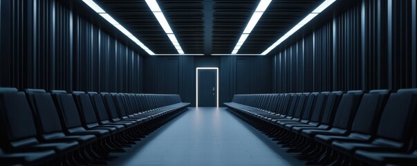 Poster - Law restriction compliance standards concept. A dimly lit corridor with black chairs lined on either side, leading to an open door at the far end, creating a mysterious atmosphere.