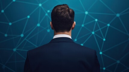 Poster - Law restriction compliance standards concept. A man in a suit stands with his back to a networked digital background, symbolizing technology, data, and connectivity.