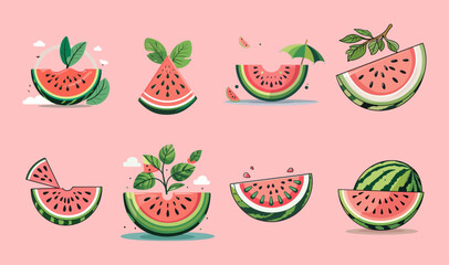 Poster - icons sets collection of stylized watermelon illustrations on a pink background, each with unique el