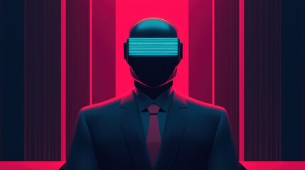 Poster - Law restriction compliance standards concept. A stylized figure in a suit with a futuristic visor stands against a vibrant, neon background, evoking a cyberpunk aesthetic.