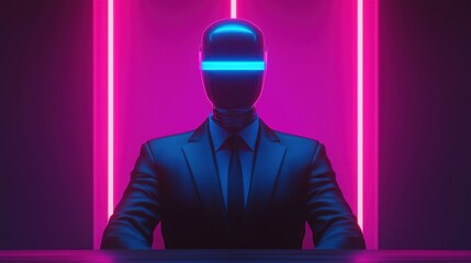 Poster - Law restriction compliance standards concept. A futuristic, faceless figure in a suit sits in a dark setting, illuminated by vibrant pink and blue neon lights, creating a mysterious atmosphere.