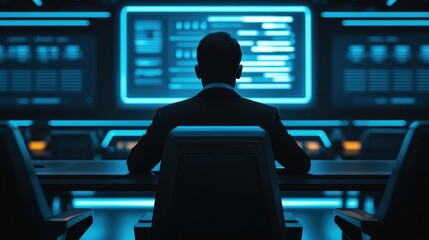 Poster - law restriction compliance standards concept. a silhouette of a person in a suit, seated before glow