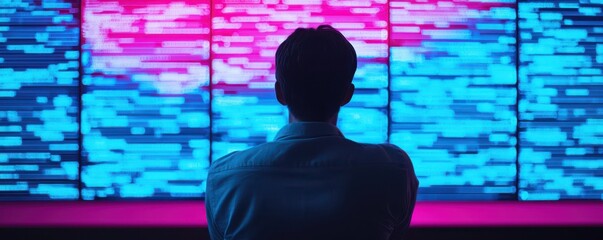 Poster - Law restriction compliance standards concept. A person sits in front of a vibrant digital display, absorbing colorful data patterns and light sequences in a modern, tech-inspired environment.
