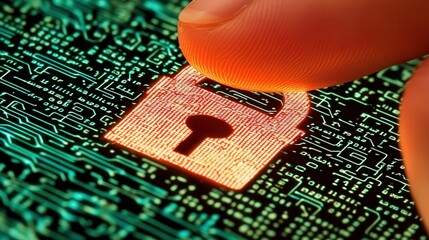 Poster - human finger pointing at a digital padlock icon, representing secure data protection in a cyber environment.