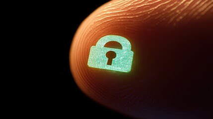 Poster - human finger pointing at a digital padlock icon, representing secure data protection in a cyber environment.
