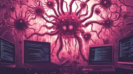 Poster - ransomware virus, visualized as a digital parasite spreading through a network of connected devices.
