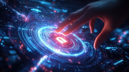 Poster - glowing digital lock icon and a hand activating it on a futuristic interface.