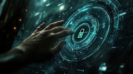 Poster - dark futuristic background featuring a digital padlock hologram, with a user hand pressing to enhance security