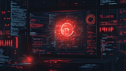 Poster - ransomware warning with red alert messages and a locked system interface.