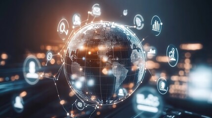 Poster - digital globe surrounded by interconnected business icons, representing international trade and communication