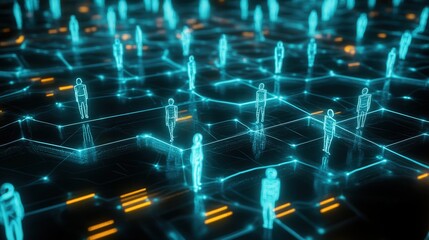 Poster - hexagonal grid, with glowing connections between human figures representing the flow of social interaction.