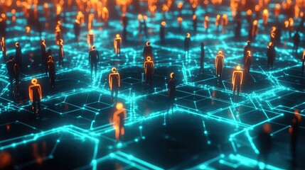 Poster - hexagonal grid, with glowing connections between human figures representing the flow of social interaction.