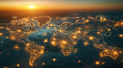 Poster - digital world map with interconnected glowing nodes, representing global business expansion and networking