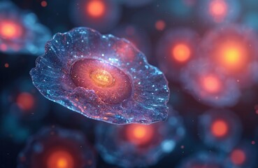 Poster - Surreal vibrant glowing cells in blue, orange hues. Microscopic world, digital artwork represents life, science exploration. Futuristic modern biotechnology illustration genetic research,