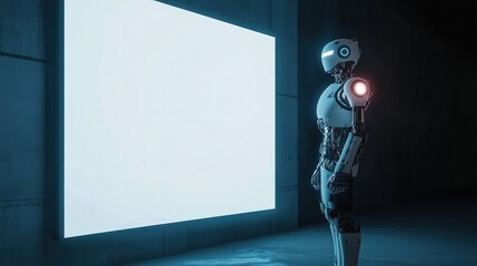 Poster - AI cyborg standing beside a blank white LED advertising board, awaiting digital content to be displayed.