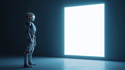 Poster - AI cyborg standing beside a blank white LED advertising board, awaiting digital content to be displayed.
