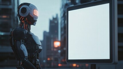 Poster - AI cyborg standing beside a blank white LED advertising board, awaiting digital content to be displayed.