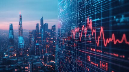 Poster - city overshadowed by a holographic heart rate monitor, its erratic movements triggering panic among traders.