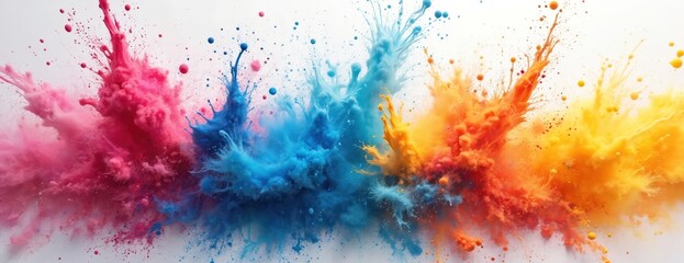 Poster - Multicolor paint splash exploding air white backdrop. Blue, pink, orange, yellow color burst, powder holi cloud. Abstract zoom wallpaper banner, design element art graphic resource.