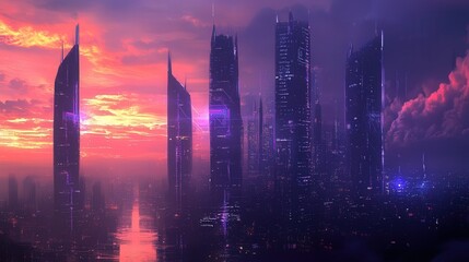 Poster - city skyline with digital communication lines connecting skyscrapers, symbolizing business growth and innovation