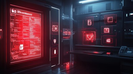 Poster - cyber defense system detecting a ransomware breach, with glowing red security alerts and encrypted file icons.