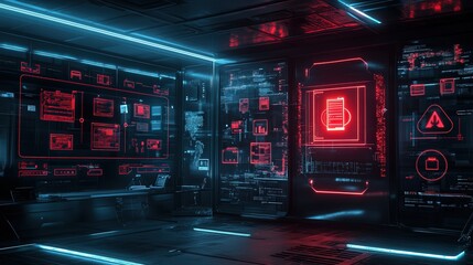 Poster - cyber defense system detecting a ransomware breach, with glowing red security alerts and encrypted file icons.