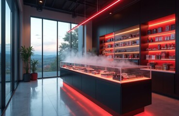 Aufkleber - Illustration vape store interior with shelves of products under red neon lights. Glass display case filled with vape juice with flavor smoke, nature scenery outside window. Modern shop, vaping