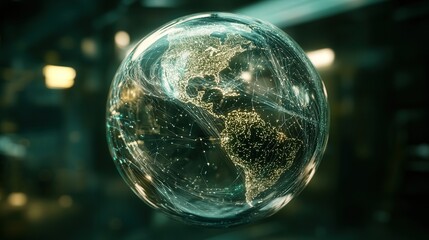 Poster - globe with data streams flowing between business hubs, symbolizing strong corporate connections and global growth.