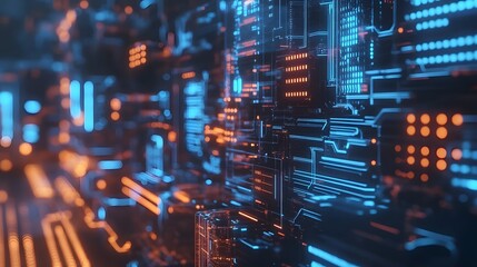 Poster - A close-up view of a futuristic circuit board with vibrant blue and orange lights