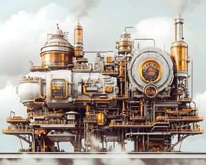 Poster - A detailed illustration of a futuristic industrial machine surrounded by steam and pipes, showcasing advanced technology and engineering in a dynamic environment.