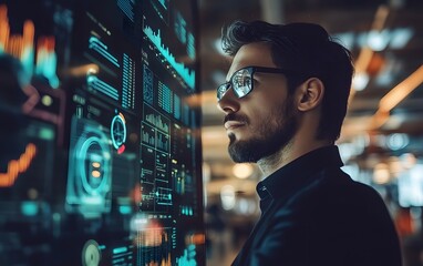 Fototapete - A focused professional examines digital data on a futuristic screen, showcasing analytics and modern technology in a corporate environment, symbolizing innovation and progress.