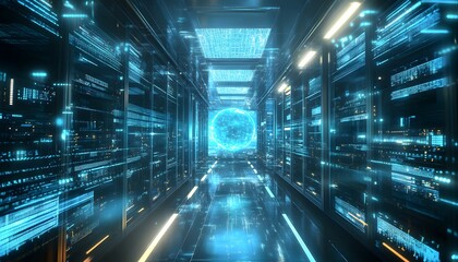 Poster - A futuristic data center corridor, illuminated with blue lights, showcasing advanced technology and digital infrastructure, representing innovation and the future of computing.