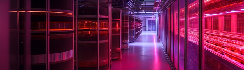 Poster - A futuristic data center featuring illuminated server racks. The vibrant colors create a unique atmosphere, highlighting the advanced technology used in modern computing.