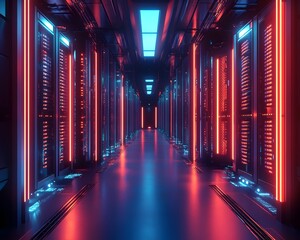 Poster - A futuristic data center hallway illuminated by vibrant blue and red lights, showcasing rows of server racks in a sleek, high-tech environment.
