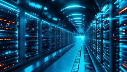 Poster - A futuristic data center illuminated in vibrant blue hues, showcasing powerful servers lined up in a sleek corridor, symbolizing advanced technology and digital connectivity.
